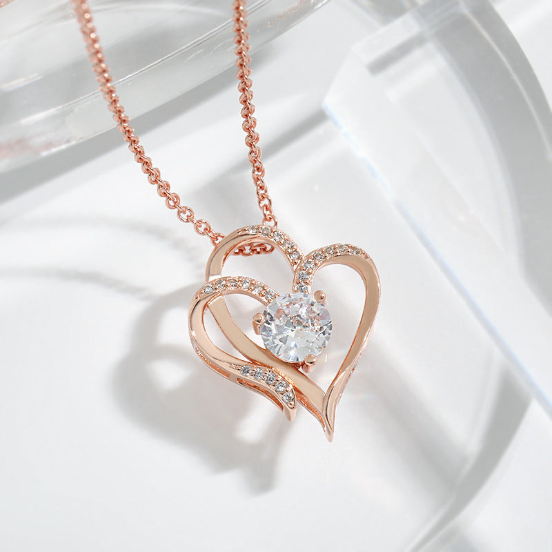 Zircon Double Love Necklace With Rhinestones Heart-shaped Necklace  Jewelry For Women Valentine's Day